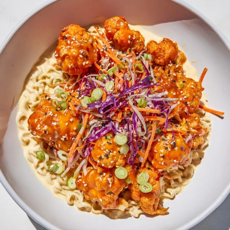 Close-up of a flavorful Chaos Cooking Buffalo Cauliflower Ramen, featuring crispy cauliflower and creamy broth.
