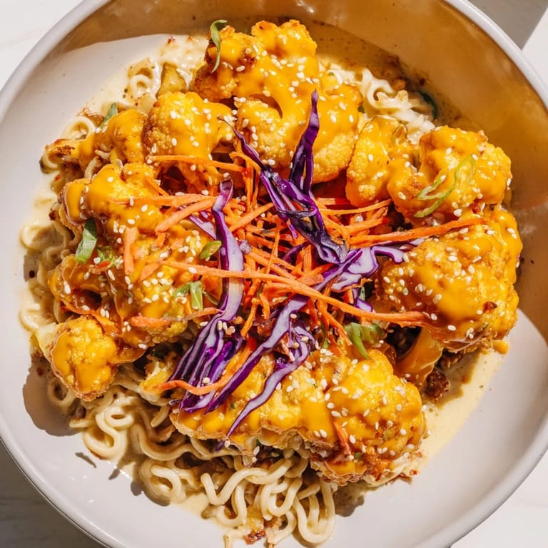 Delicious, spicy Chaos Cooking Buffalo Cauliflower Ramen, a vegetarian comfort food with lots of texture.