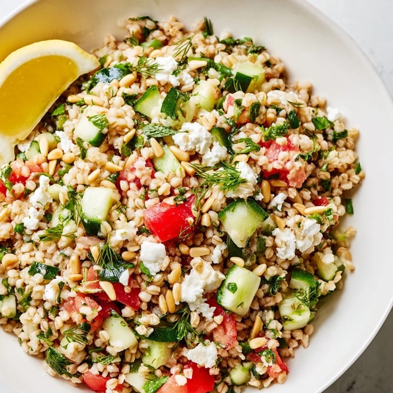 Close-up photo of a healthy and refreshing tabbouleh grain bowl, ready to eat with feta.