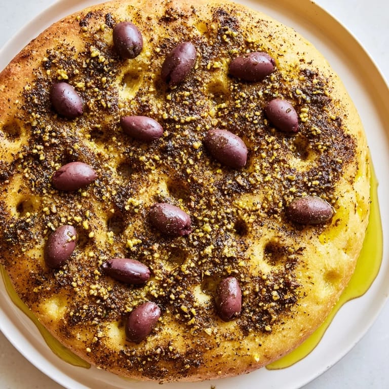 Crispy edges and a soft interior, showcasing a delicious Zaatar Olive Focaccia perfect with dips.