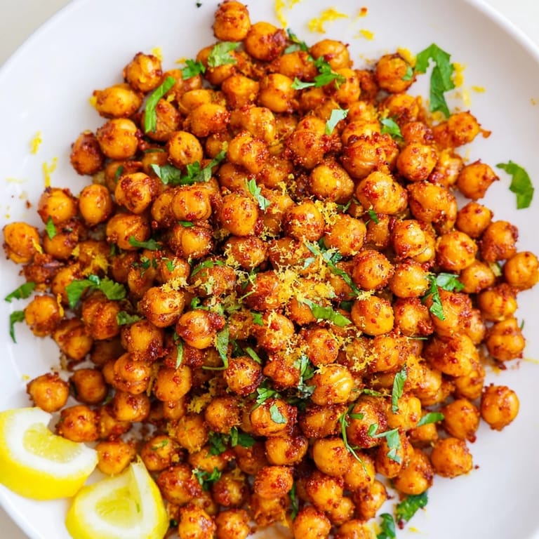 Close-up of toasted Harissa Chickpea Roast, showcasing the flavorful, North African inspired spices beautifully.