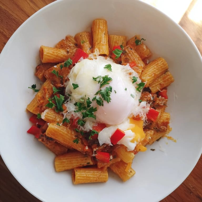 Imagine a close-up of the delicious Shakshuka Baked Pasta, garnished with fresh herbs, ready to serve!