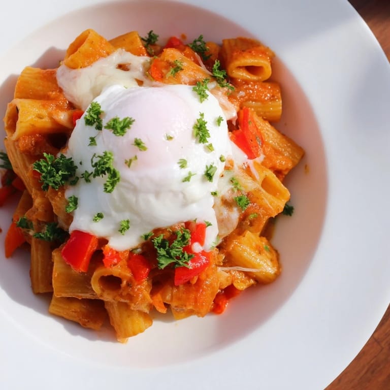 This oven-baked Shakshuka Pasta combines creamy runny eggs atop a vibrant tomato and pepper base.