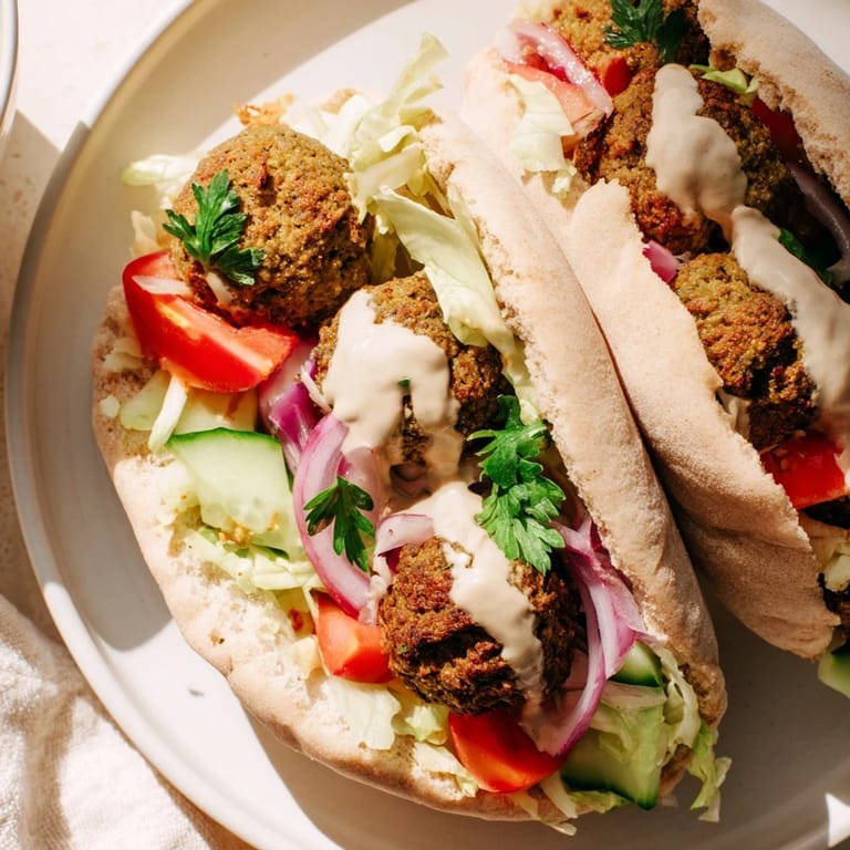 A close-up shot of a flavorful falafel pita pocket, drizzled with creamy tahini sauce.