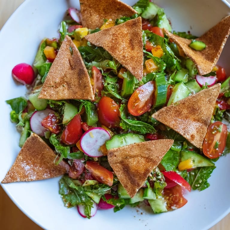 This Fattoush Crunch Salad showcases a medley of crisp vegetables with tangy sumac dressing drizzled overtop.