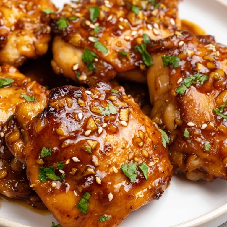Succulent oven-baked honey garlic glazed chicken thighs, brushed with a savory soy-based glaze and ready to serve for an easy dinner.