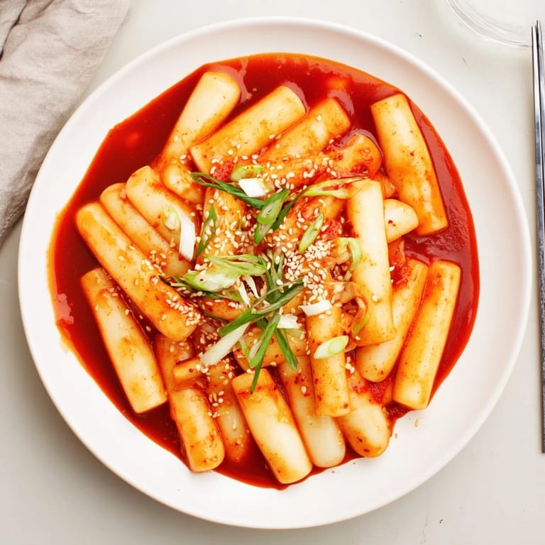 Hearty Korean tteokbokki simmered with onions, offering a sweet, savory, and spicy street food experience.