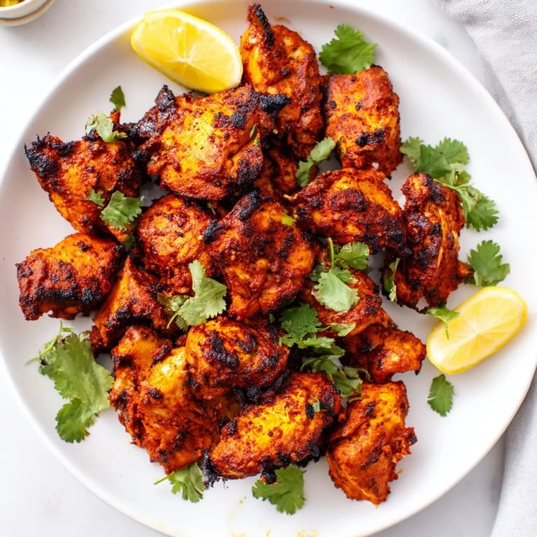 Vibrant roasted Indian Tikka Spiced Chicken thighs with a smoky char, ready to serve with naan and sliced red onions.  