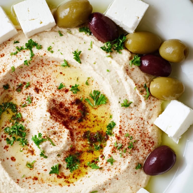 The Middle Eastern Mezze Platter is displayed with warm pita triangles, briny olives, and a drizzle of olive oil.