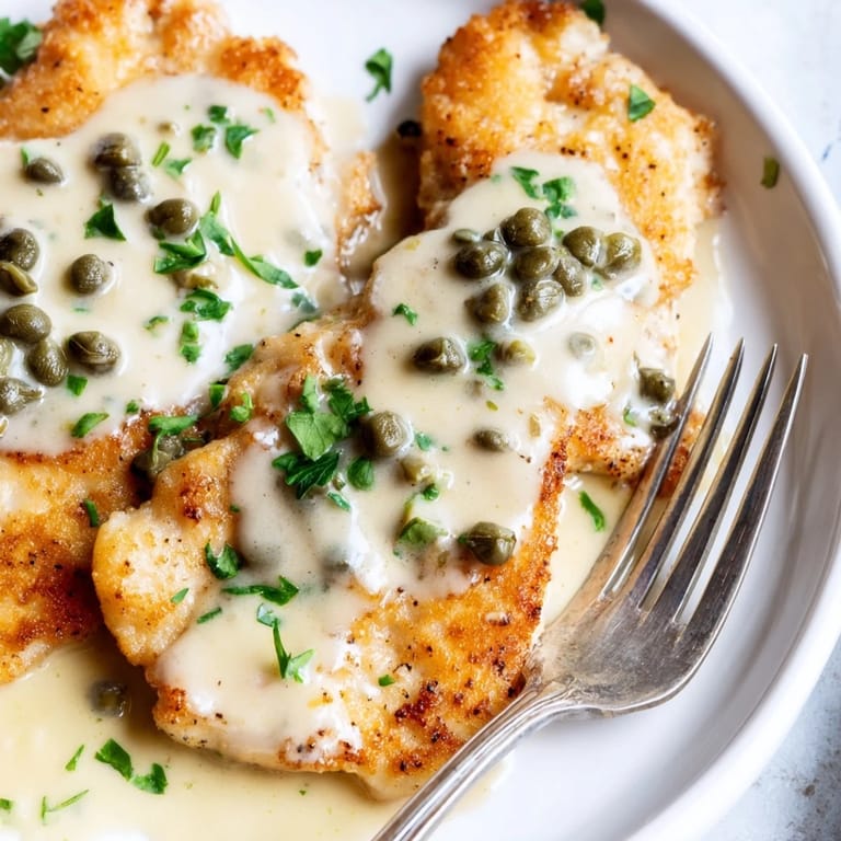 Tender breaded chicken piccata drizzled with bright lemon cream and capers, plated with fresh parsley.