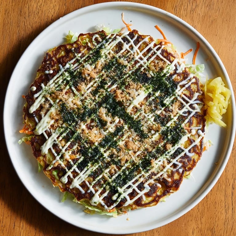 A close-up of fluffy Japanese Okonomiyaki Pancakes, drizzled with rich sauce and sprinkled with savory aonori seaweed flakes.