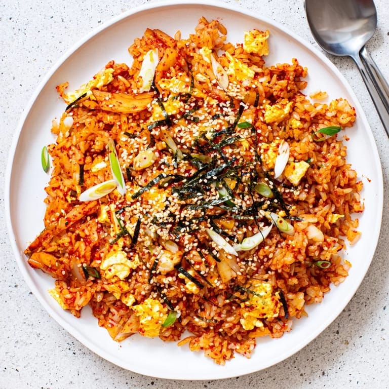 A close-up of Spicy Kimchi Fried Rice with gochujang, crisp carrots, and green onions on a white plate.  