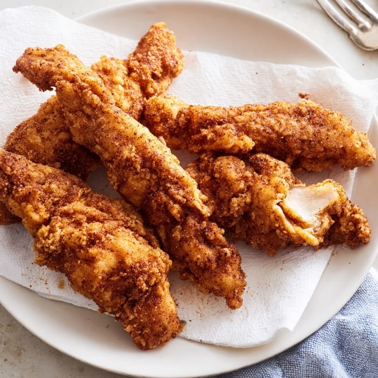 Juicy crispy fried chicken tenders served with fries and a wedge of lemon on a rustic table.