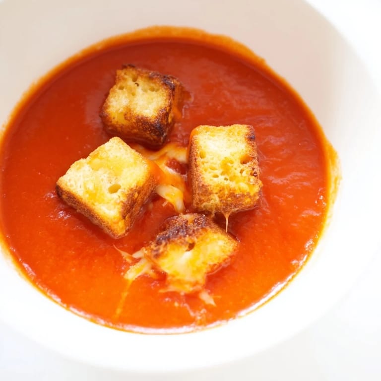 The roasted tomato soup with grilled cheese croutons steams beside a fresh salad, perfect for a weeknight dinner.