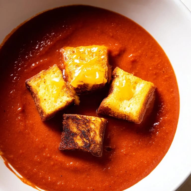 This cozy roasted tomato soup with grilled cheese croutons is served hot for a comforting family meal.