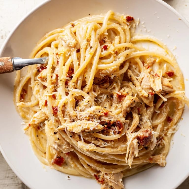 Steaming platter of Chicken Carbonara, showcasing glossy noodles, golden chicken pieces, and specks of black pepper on a rustic wooden table.