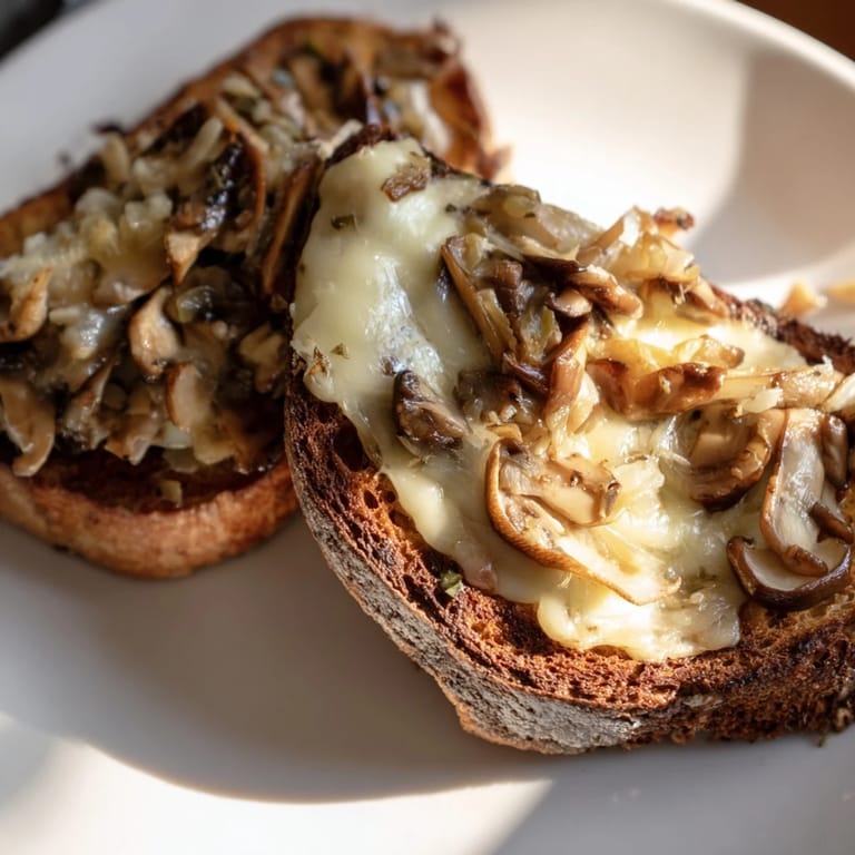 The hearty Mushroom Swiss Grilled Cheese rests beside a warm bowl of tomato soup, perfect for a cozy American lunch.