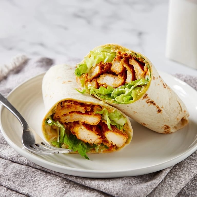A close-up of a honey mustard chicken wrap cut in half, revealing tender meat, vibrant lettuce, and fresh tomato slices.