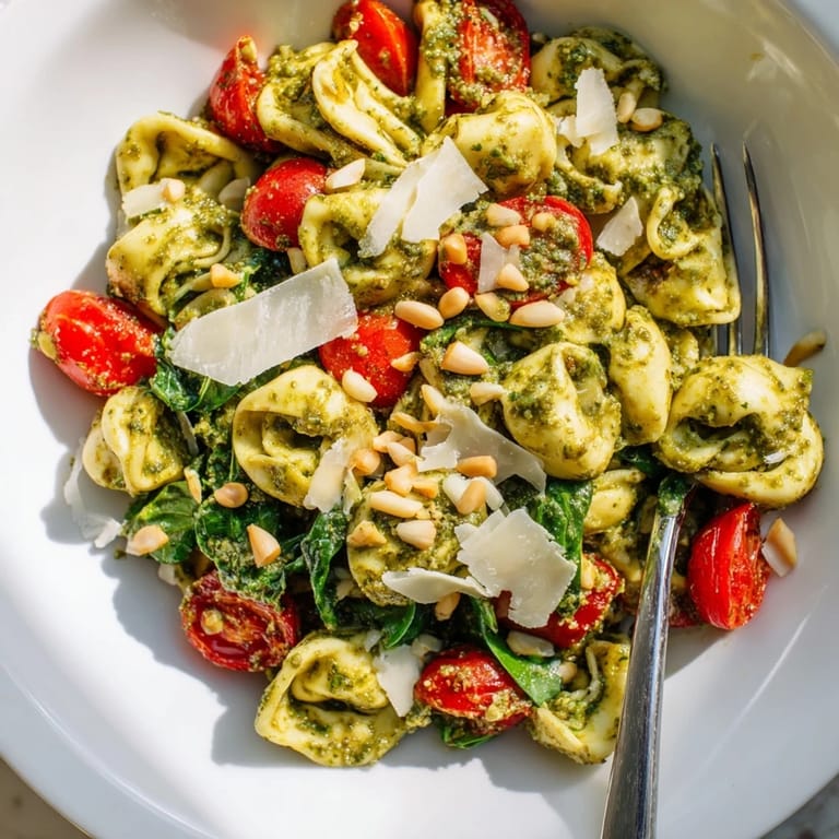 Served in a ceramic bowl, this vegetarian Pesto Tortellini Salad is garnished with toasted pine nuts and Parmesan, perfect for easy potlucks.