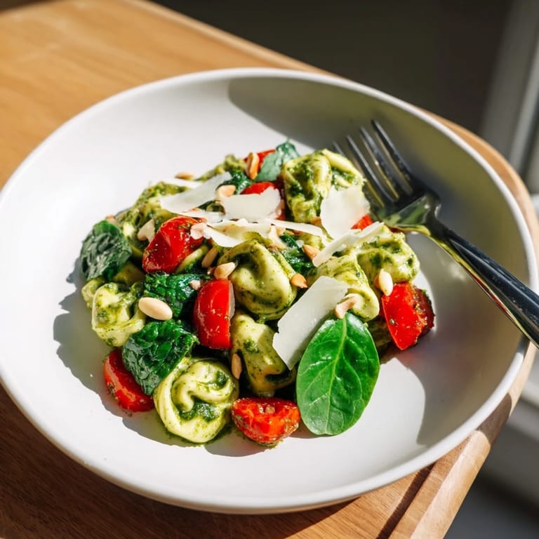 A close-up of chilled Pesto Tortellini Salad shows glossy noodles, red tomato halves, and green herbs on a white plate, ready for a picnic.