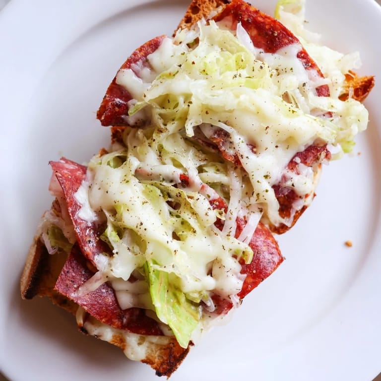 Close-up of toasted Italian Sub Grilled Cheese, revealing layers of Italian cold cuts and melted provolone.
