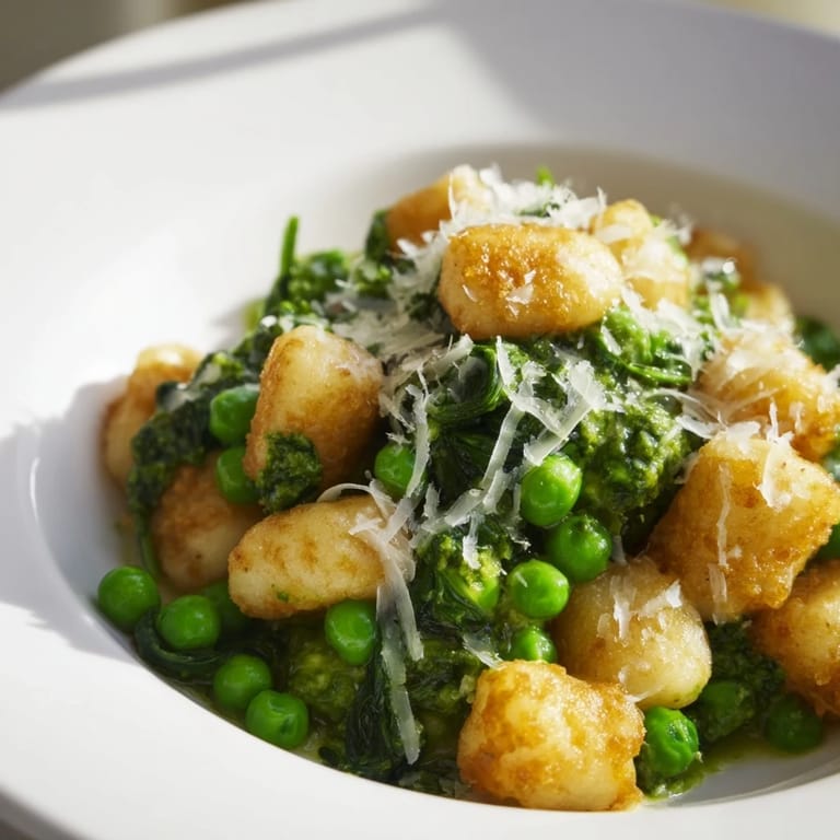 A close-up of golden gnocchi coated in fragrant basil pesto, mingling with fresh spinach and tender peas for a burst of color.