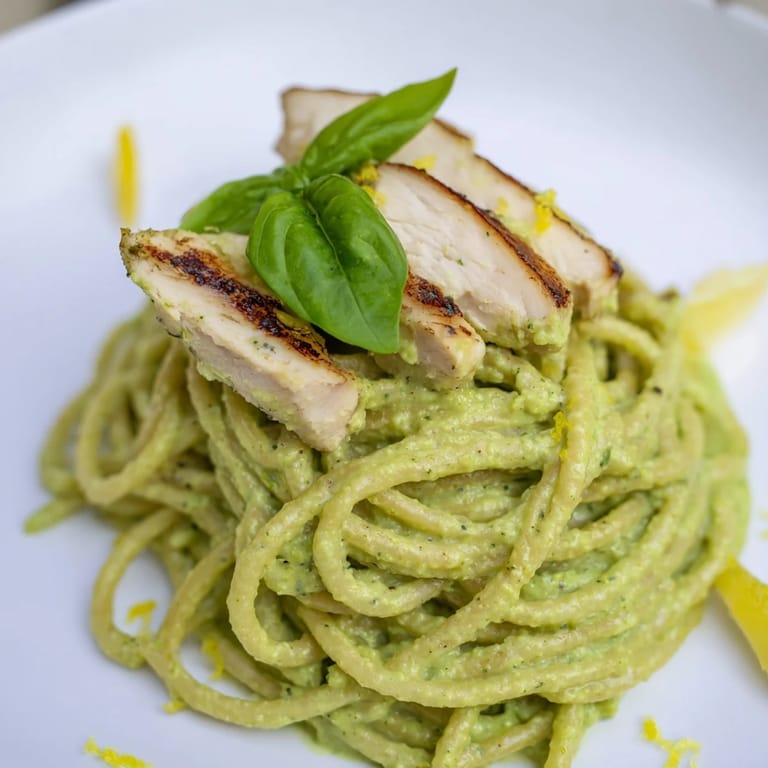 Sliced grilled chicken breast over creamy avocado chicken pasta with red pepper flakes on a rustic plate.
