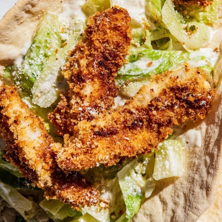Handheld Mediterranean-American meal featuring buttermilk-marinated chicken, crunchy panko coating, and a fresh Caesar salad inside a toasty pita bread.
