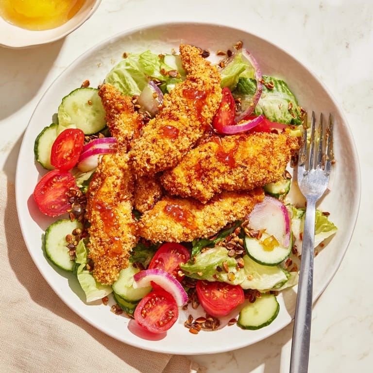 Golden fried chicken on Crispy Hot Honey Chicken Salad with cucumber and red onion, served ready to eat.