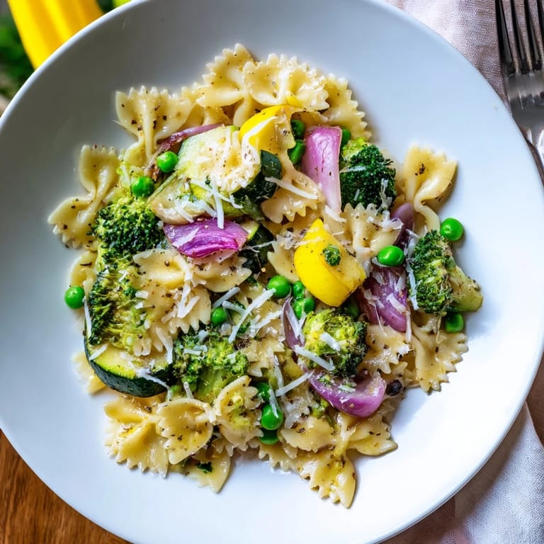 A close-up of vibrant Rainbow Veggie Pasta Primavera, garnished with fresh basil and parsley, ready for a healthy weeknight dinner.
