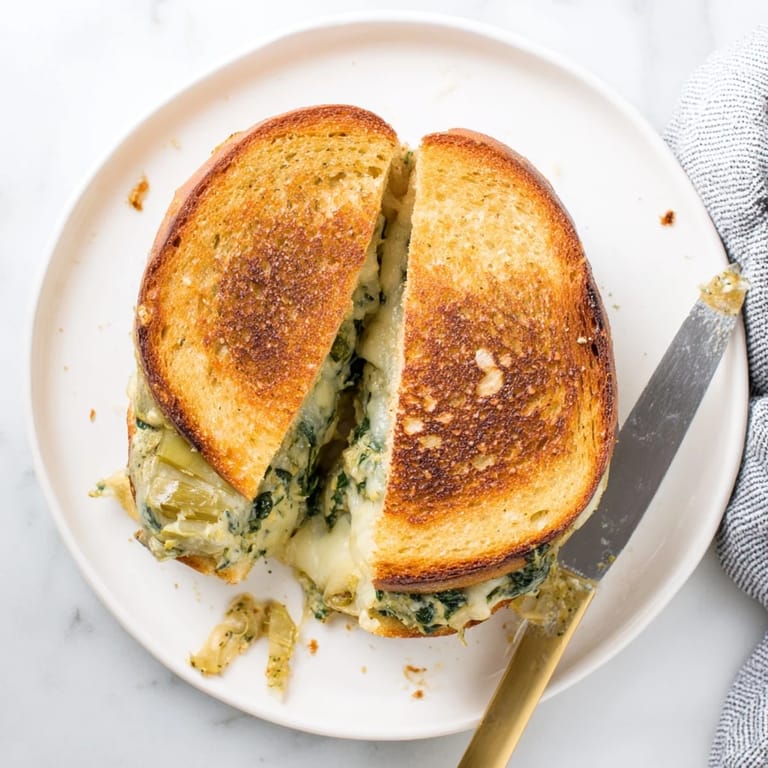 Melted mozzarella and Monterey Jack peek from crisp, buttery sourdough crust in this vegetarian lunch.