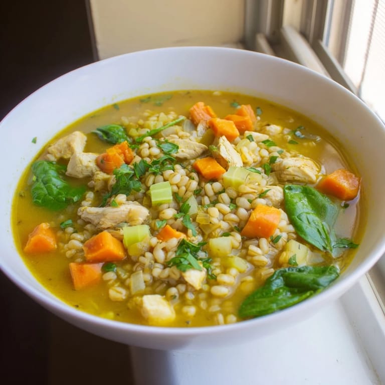 Steaming bowl of soothing turmeric chicken with pearl barley, featuring tender chicken and colorful vegetables in a golden broth.