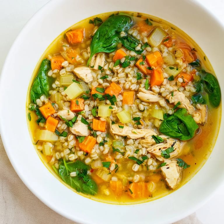 Hearty turmeric chicken with pearl barley soup served with crusty bread, highlighting wilted spinach and aromatic spices in the broth.