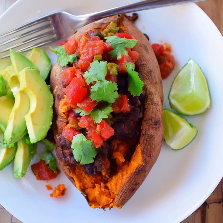 Roasted sweet potatoes with chipotle black beans and zesty tomato salsa, served hot with lime wedges and cilantro for a wholesome meal.