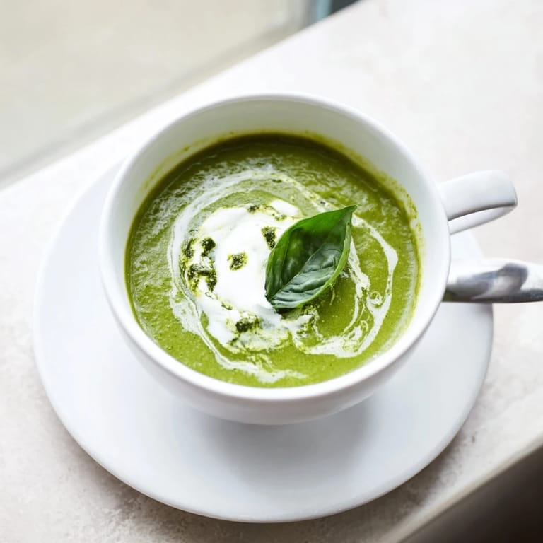 A close-up of vibrant green Courgette, Pea and Pesto Soup garnished with a dollop of Greek yogurt.  