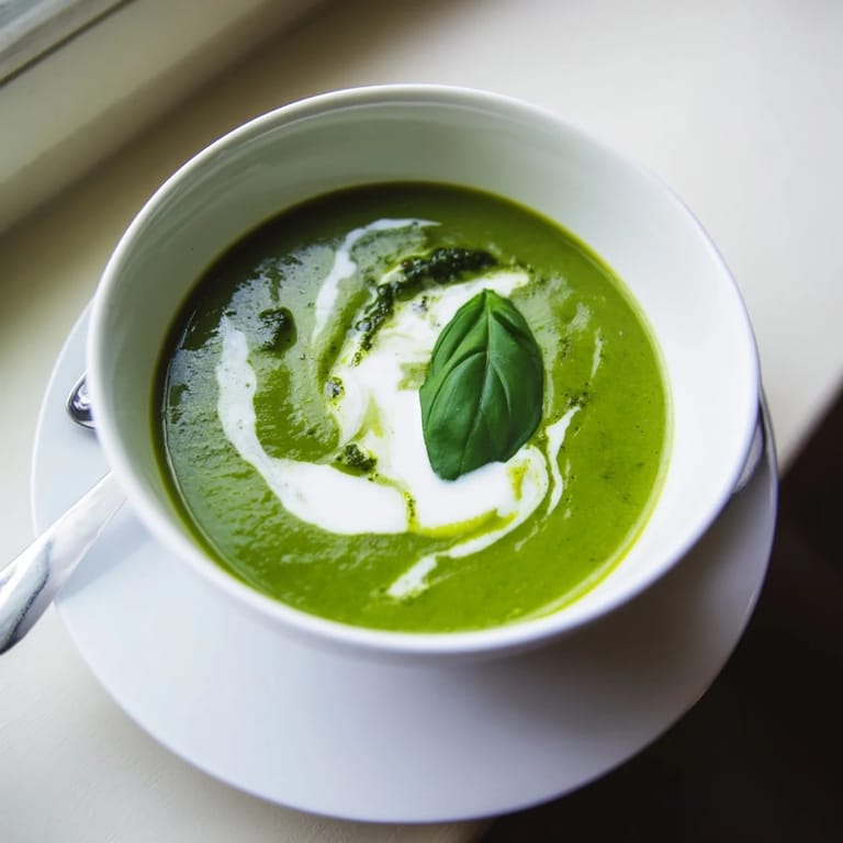 Steaming bowl of Courgette, Pea and Pesto Soup with a slice of crusty bread on the side.