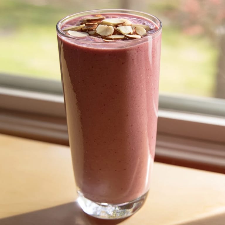 Thick and creamy Cherry Almond Smoothie blending tart cherries and smooth almond butter, poured into a tall glass.  