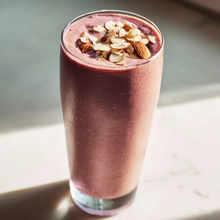 Two servings of Cherry Almond Smoothie topped with extra cherries, ready to enjoy for a quick snack.