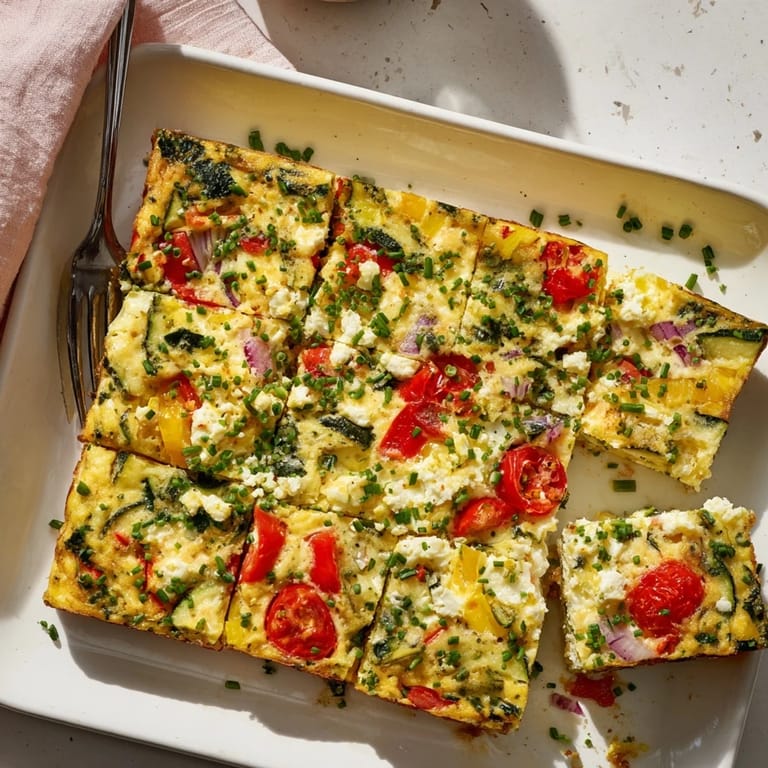 A close-up of a warm, savory High-Protein Sheet Pan Eggs slice showing melted cottage cheese and vibrant bell peppers, perfect for a healthy meal prep idea.