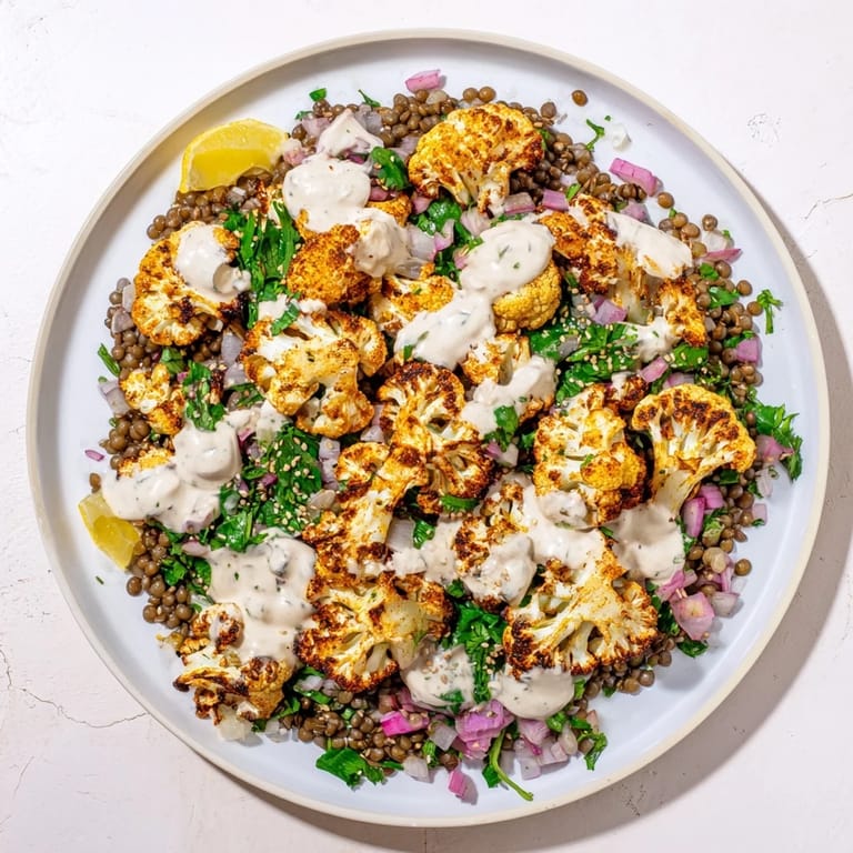 Vibrant Middle Eastern inspired roasted cauliflower with lemon lentil salad, dressed beautifully.