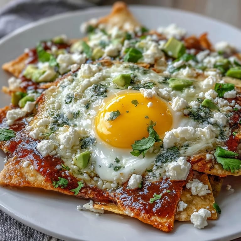 Colorful plate of Chilaquiles featuring golden chips, a runny yolk, creamy avocado slices, crumbled queso fresco, and sliced red onion.  