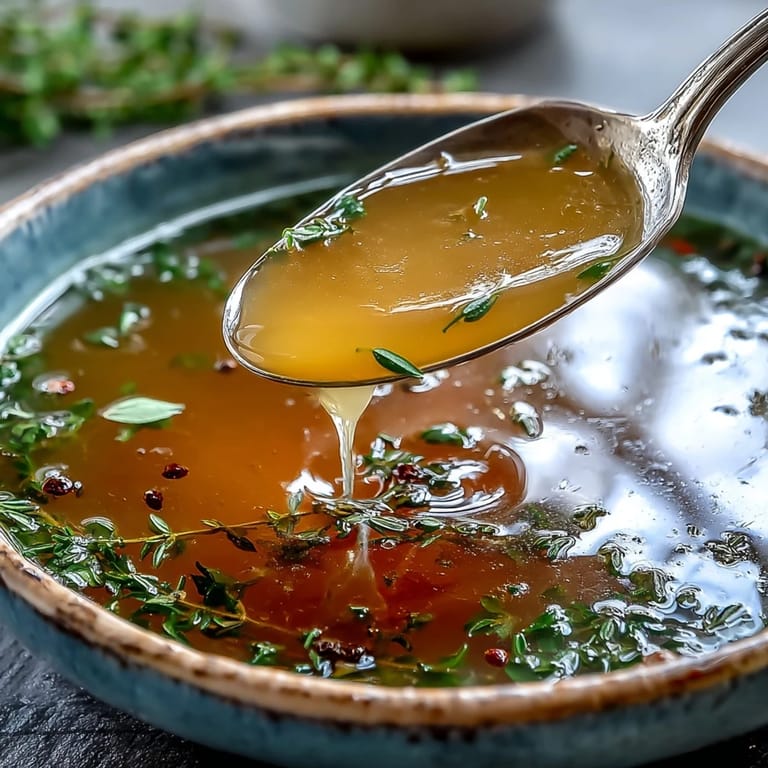 Clear broth is poured from a fine-mesh sieve into a bowl, showcasing the rich color of Vegetable Broth From Scraps.