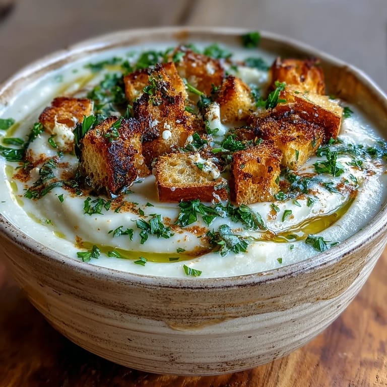 Roasted Garlic Soup in a rustic ceramic bowl with a drizzle of olive oil, served alongside warm, crusty toasted bread.
