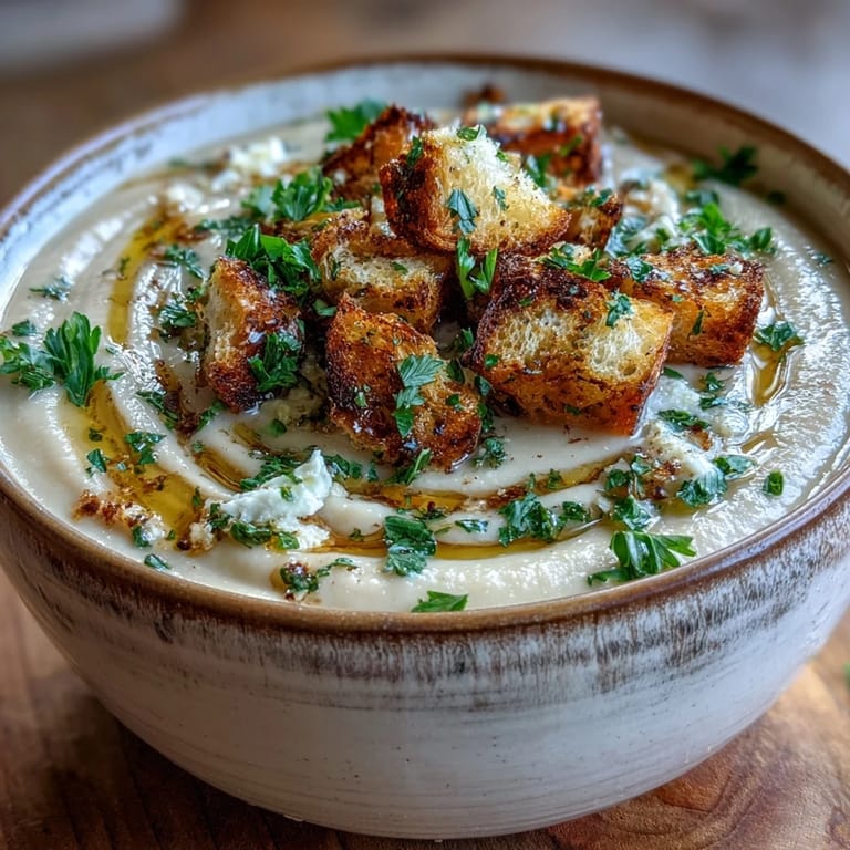 Golden roasted garlic cloves simmering in a pot for Roasted Garlic Soup, blended until smooth and finished with a splash of cream.