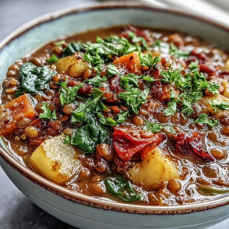 A hearty pot of simmering Vegetarian Lentil Stew, bubbling with carrots, red bell pepper, and aromatic spices like cumin and thyme.