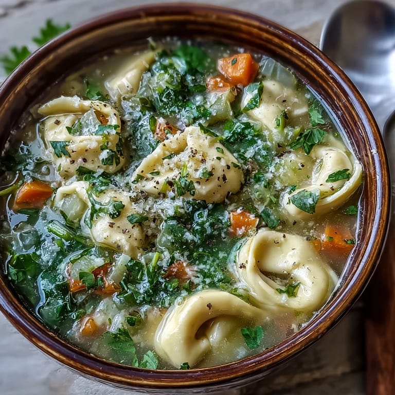 A comforting bowl of Easy Tortellini Soup with Chicken Broth, featuring tender pasta, spinach, and colorful carrots in a rich, creamy broth.