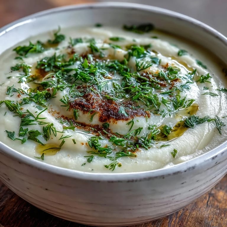 Vibrant green herbs and a drizzle of olive oil top this golden, velvety Parsnip and Herb Soup.