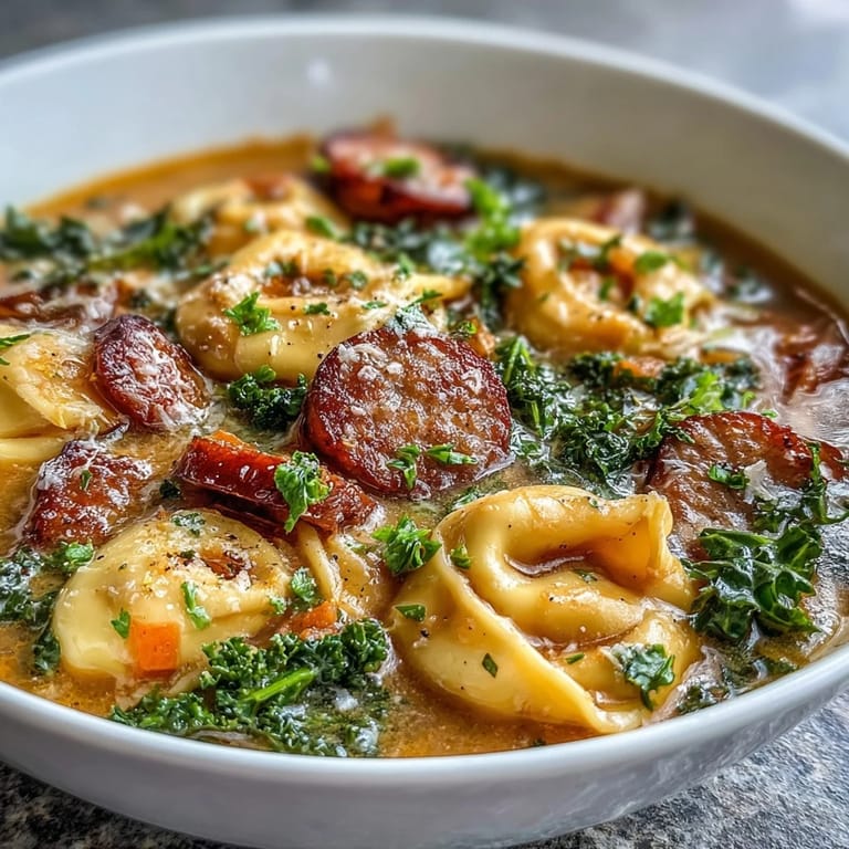 Steaming Pumpkin Tortellini Soup topped with Parmesan, parsley, and slices of savory chicken sausage.