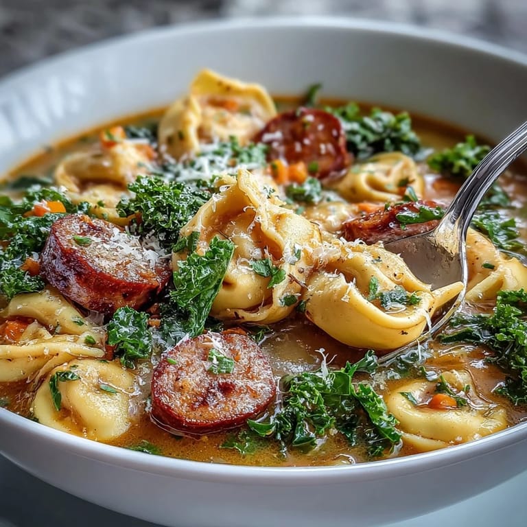 Hearty Pumpkin Tortellini Soup with kale, tortellini, and sausage ready to serve with crusty bread.