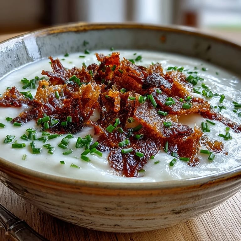 Silky Celeriac Soup with Crispy Bacon in a heated bowl, bacon bits providing a savory crunch on the creamy surface.